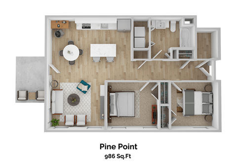 Floor plan for 2 beds, 1 bath, 986 sqft